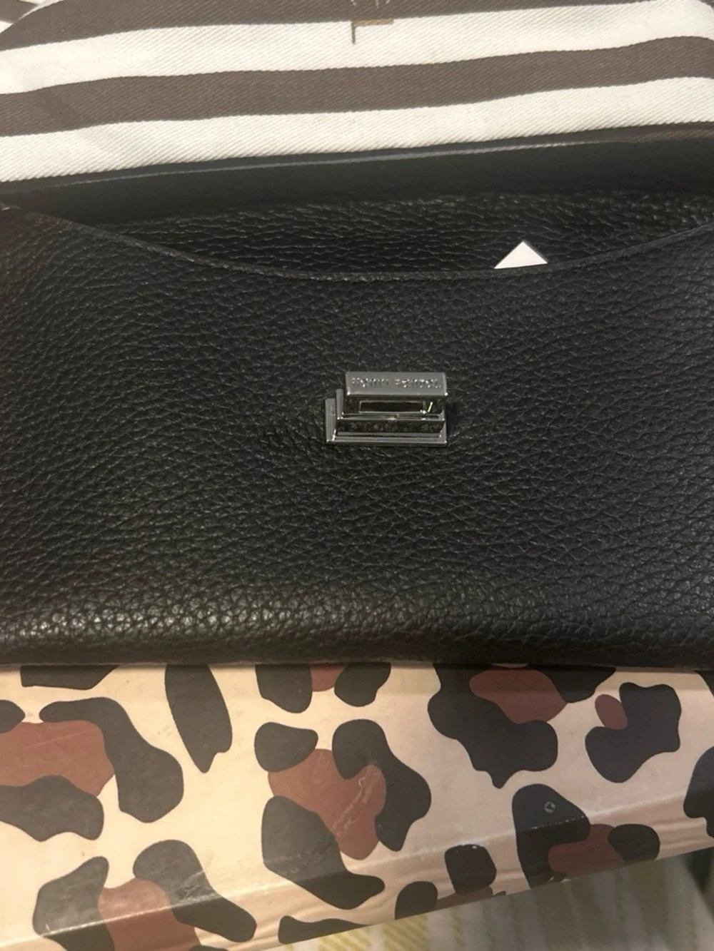Henri Bendel Black Pebbled Leather Chain Wallet with Silver Hardware